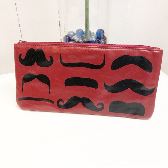 Handbags - Red Zip Vegan Leather Mustache Wallet/Clutch